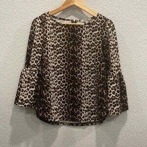 Green Envelope Black & Brown Leopard Print Bell Sleeve Blouse Size Small